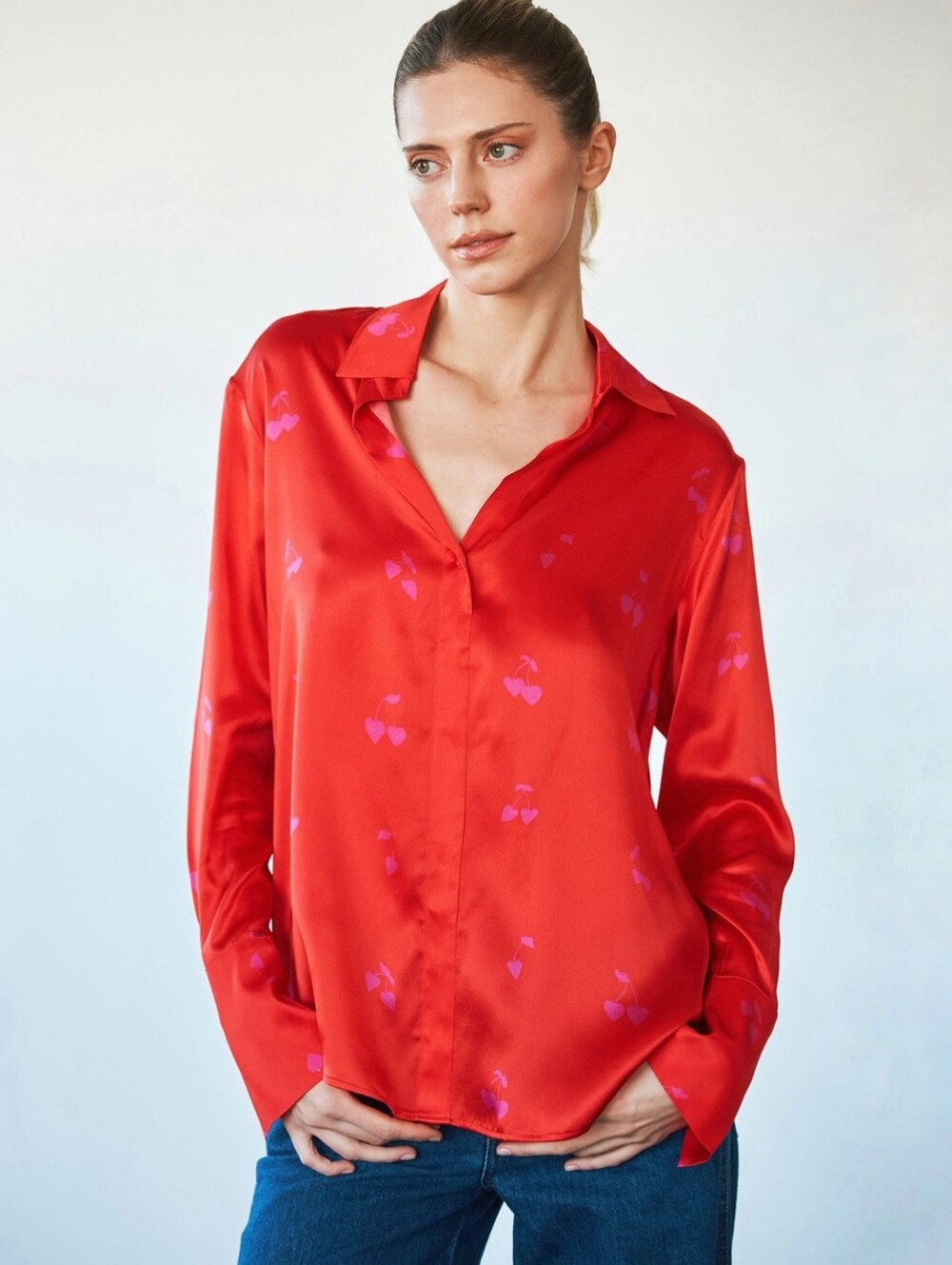 Catherine Gee Daria French Cuff Silk Blouse Cherry Heart red pink women's medium